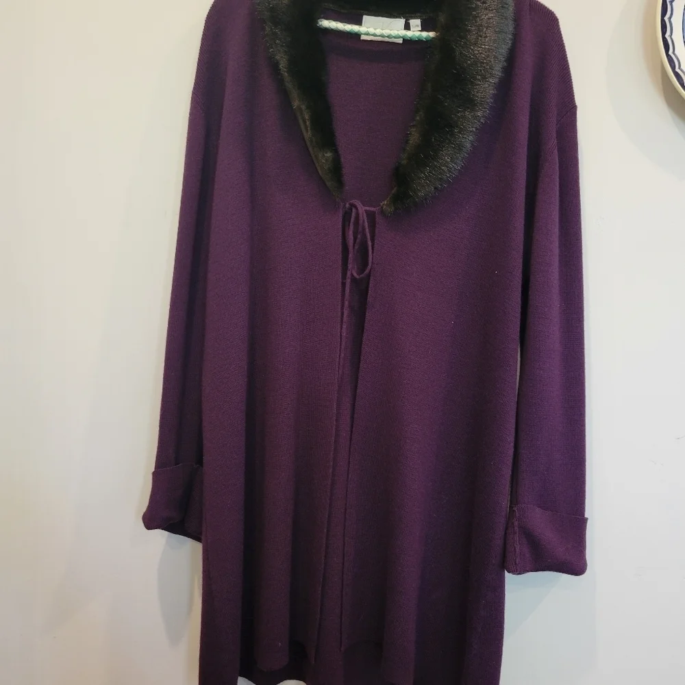 Womans Maggie Fine Knit Stylish Long Sweater Coat Faux Fur Collar L - Picture 4 of 11